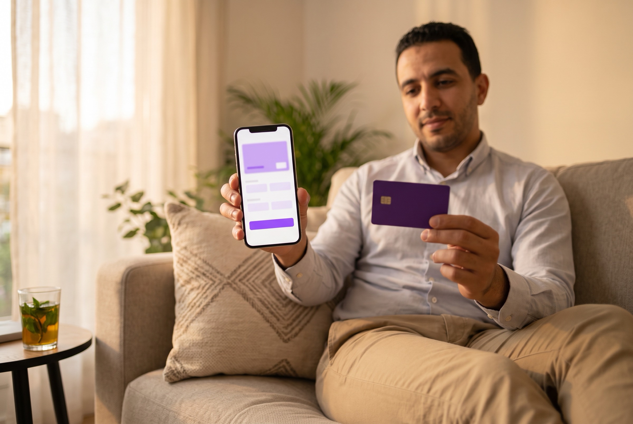 A customer paying with their card and phone